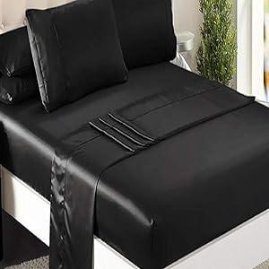 Niagara Satin Queen Bed Sheet Set 4 Pieces Black Silky Smooth Bridal Satin Deep Pocket Fitted, Flat, 2 Pillow Cases Wrinkle Stain, Fade Resistant (Black Satin, Queen)
