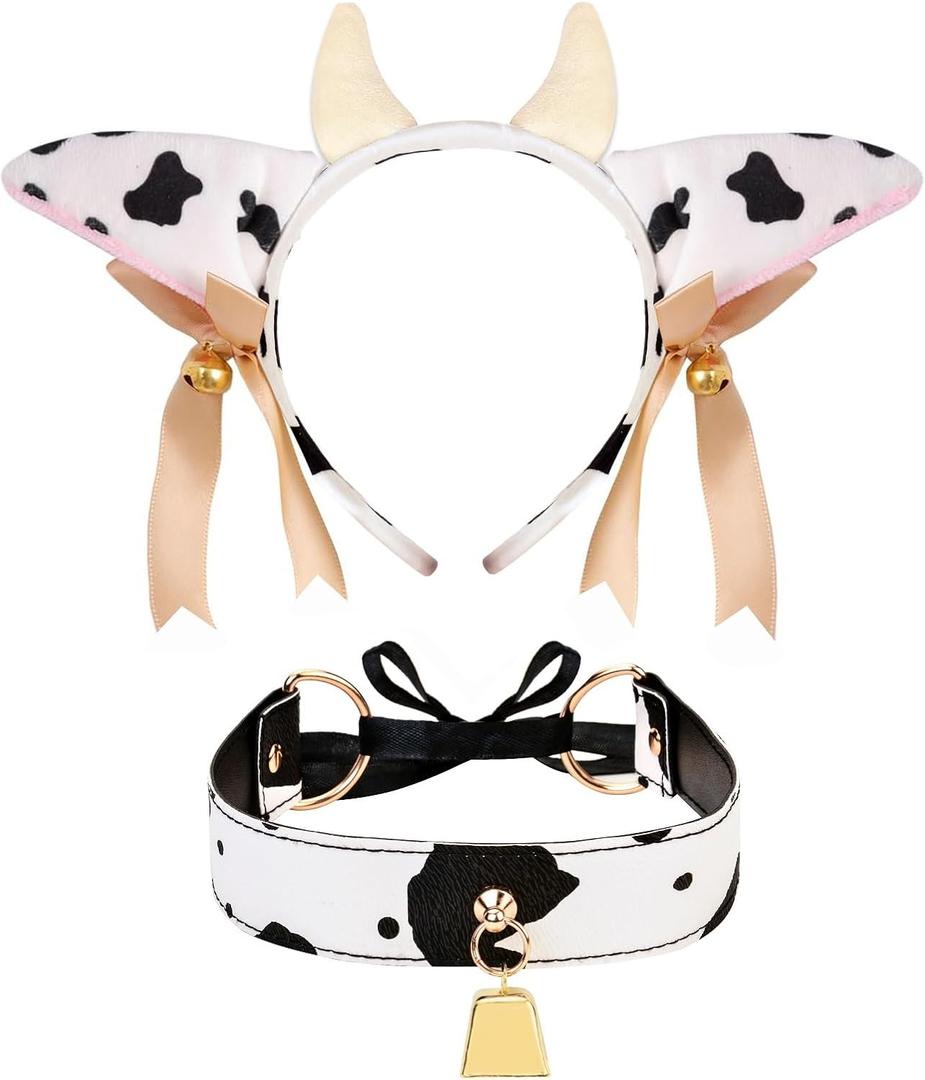 Cow Print Costume Set,Plush Headband with Horns and Bells, Matching Choker for Halloween Cosplay Party Accessories (Black White)