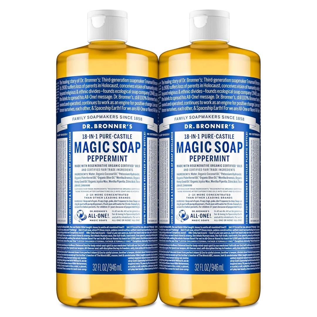 Dr. Bronner's Pure-Castile Liquid Soap- Made with Regenerative Organic Certified Oils- 18-in-1 Uses for Face, Body, Hand, Hair, Laundry & More- Vegan, Non-GMO- Body Wash- Peppermint,32oz, 2 Pack