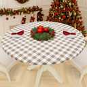 Smiry Round Picnic Tablecloth, Elastic Waterproof Fitted Vinyl Tablecloths for 36"-44" Tables, Flannel Backed Buffalo Plaid Table Cover for Dining, Camping, Outdoor, White and Khaki