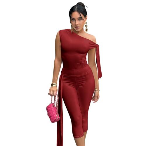 Elainone Capri Sets Women 1 Piece Outfits Sexy One Shoulder Sleeveless Crop Tops Bodycon Pant Sets M