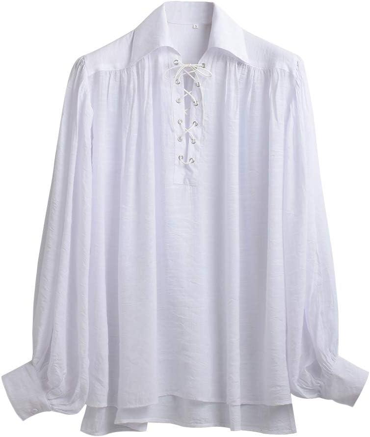 GRACEART Pirate Shirt Men Vampire Renaissance Shirts Victorian Ruffled Medieval Costume Cotton Linen Shirt (Small, 0white)
