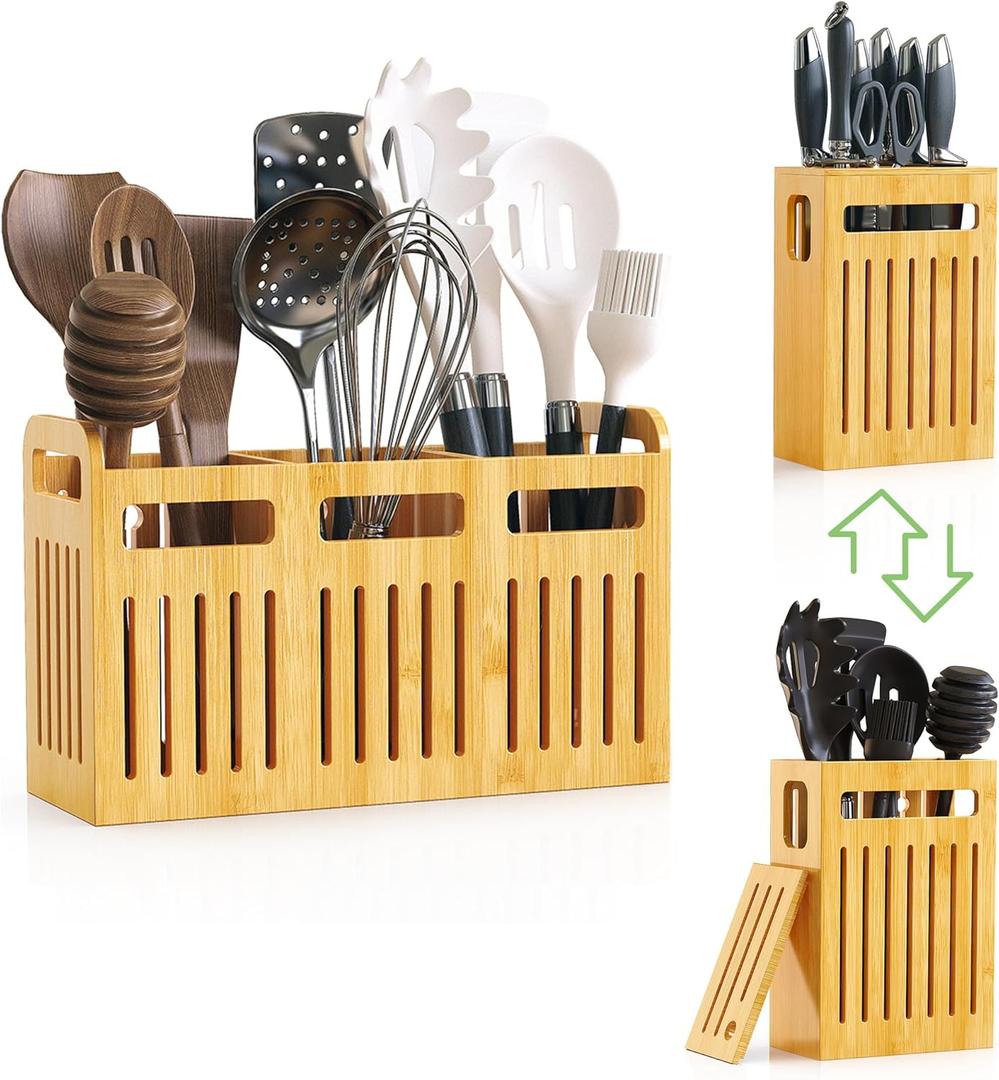 Large Bamboo Utensil Holder Set, Kitchen Utensil Organizer with Removable Divider, 3 Compartments Utensil Caddy for Kitchen Countertop (Bamboo)