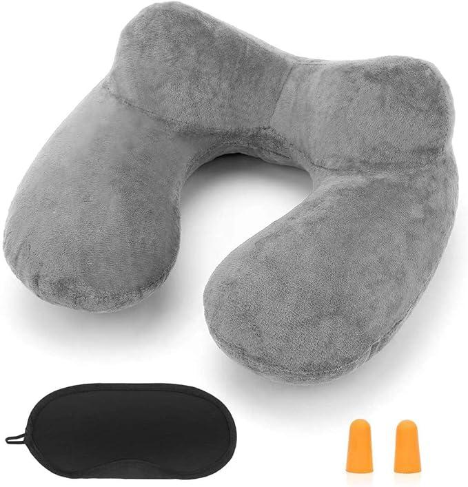 Inflatable Travel Pillow for Airplane, U Shaped Inflatable Neck Pillow with Soft Velvet Fabric and Compact Bag, Foldable Travel Massager for Airplane, Traveling, Train, Car, Sleeping, Office