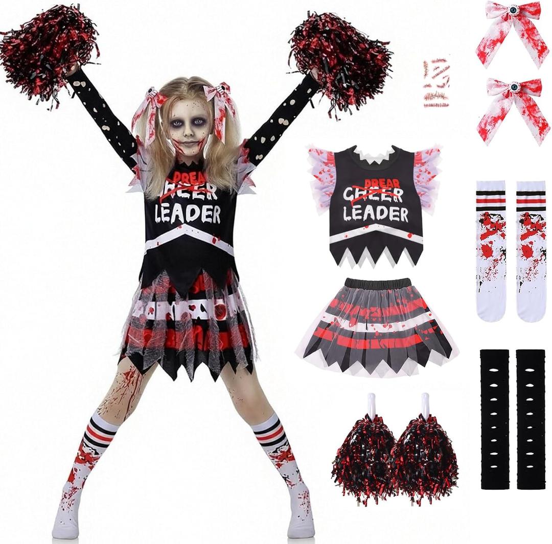 PUIWNON Cheerleader Costume Zombie Cheerless Costume for Girls Bloody Kids Dead Cheer Outfit for Halloween (Purple, Small)