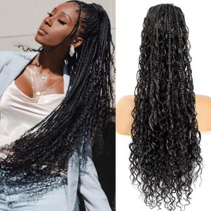 Drawstring Ponytail for Women 24 inch Boho Box Braids with Long Wavy Hair Ponytail Extension Natural Black Synthetic Hair Extensions Ponytail for Daily Use (1B#, 24 Inch)