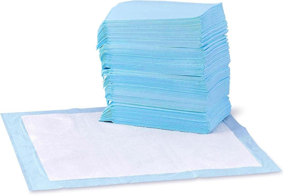 Amazon Basics Dog and Puppy Pee Pads with Leak-Proof Quick-Dry Design for Potty Training, Standard Absorbency, Regular Size, 22 x 22 Inches, Pack of 100, Blue & White (Regular (100 Count))