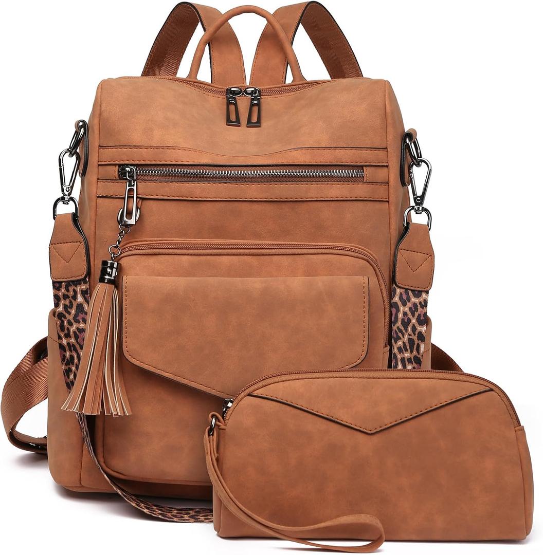 GAEKEAO Backpack Purse for Women Fashion Leather Designer Travel Backpack Purses Convertible Shoulder Bag with Wristlet (Nubuck Brown)