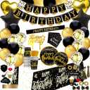 Black and gold birthday party decorations - (Total 169pcs) happy birthday Supplies for women and men, Balloons,tablecloth,Foil Backdrops,Plates,Cups,Photo Props,Sash,Tableware for 24 Guests