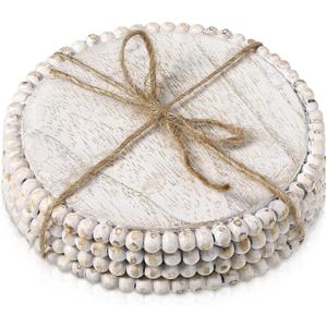 Honeydak 4 Pieces Wood Beaded Coasters 3.9 Inch Round Rustic Farmhouse Wooden Coasters for Drinks Decorative Table Top Wood Bar for Housewarming Home Kitchen(Beige)