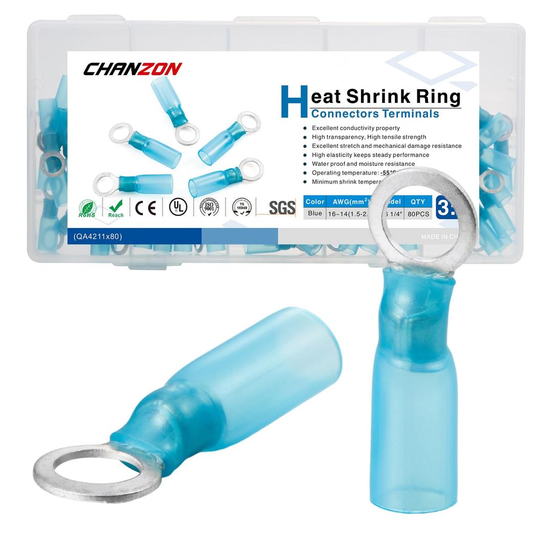 Chanzon 80pcs 1/4" Heat Shrink Ring M6 1/4in Terminal UL Listed 16-14AWG Gauge Eyelet Wire Connectors Waterproof Marine Grade Adhesive Lined Blue Electrical Crimp Connector for Boat Truck Stereo Car