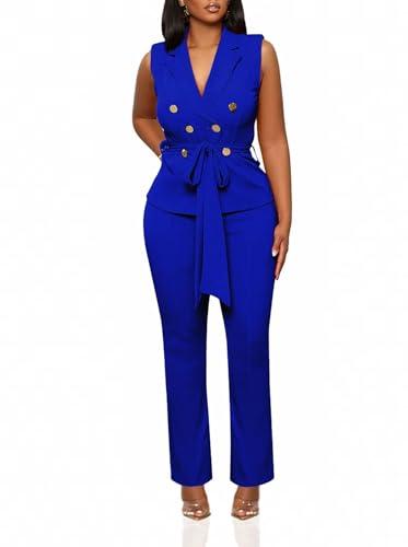 Womens 2 Piece Blazer Pants Set 2025 Trendy V Neck Sleeveless Belted Vest Straight Long Pants Business Suit Sets Blue XL Womens 2 Piece Blazer Pants Set 2025 Trendy V Neck Sleeveless Belted Vest Straight Long Pants Business Suit Sets Blue XL