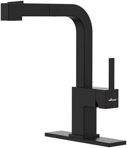 APPASO Black Square Kitchen Faucet, 20 Inch Pull Down Kitchen Faucets with Sprayer, Stainless Steel Sink Faucet, Single Handle Matte Black Kitchen Faucet for Sink, with Square Deck Plate