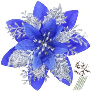 GREENTIME 12 Pcs Glitter Poinsettia 5.5" Artificial Flowers Christmas with Clips Stems Xmas Tree Ornaments for Wedding Party Wreath Decoration (KleinB&Silver)