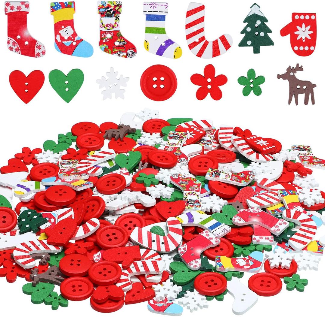 300 Pieces Christmas Wooden Buttons Cute Sewing Buttons Colorful Art Craft Buttons for Handmade Project, Mixed Sizes and Styles