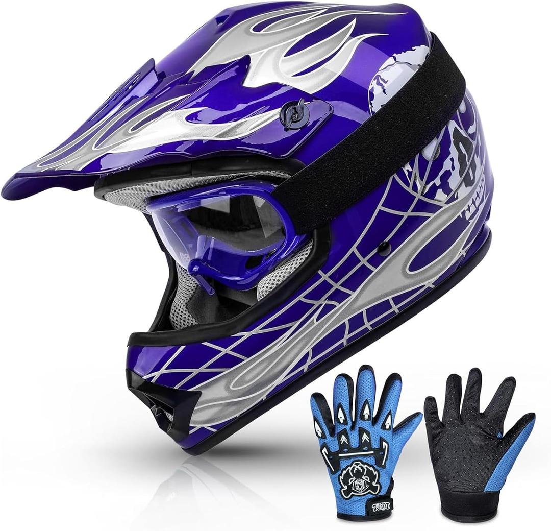 TCMT Youth Dirt Bike Helmet DOT Certified - Kids Full Face Motocross ATV Helmet with Goggles, Gloves and Helmet Bag for Off-Road, BMX, MX, Street Riding (Blue) Youth XL