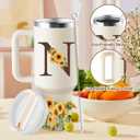 Sunflower Gifts for Women - Monogrammed 40 oz Tumbler with Handle & Straw - Personalized Gifts for Women, Monogrammed Gift for Mom, Wife, Sister, Friend - Initial Sunflower Tumbler Cup