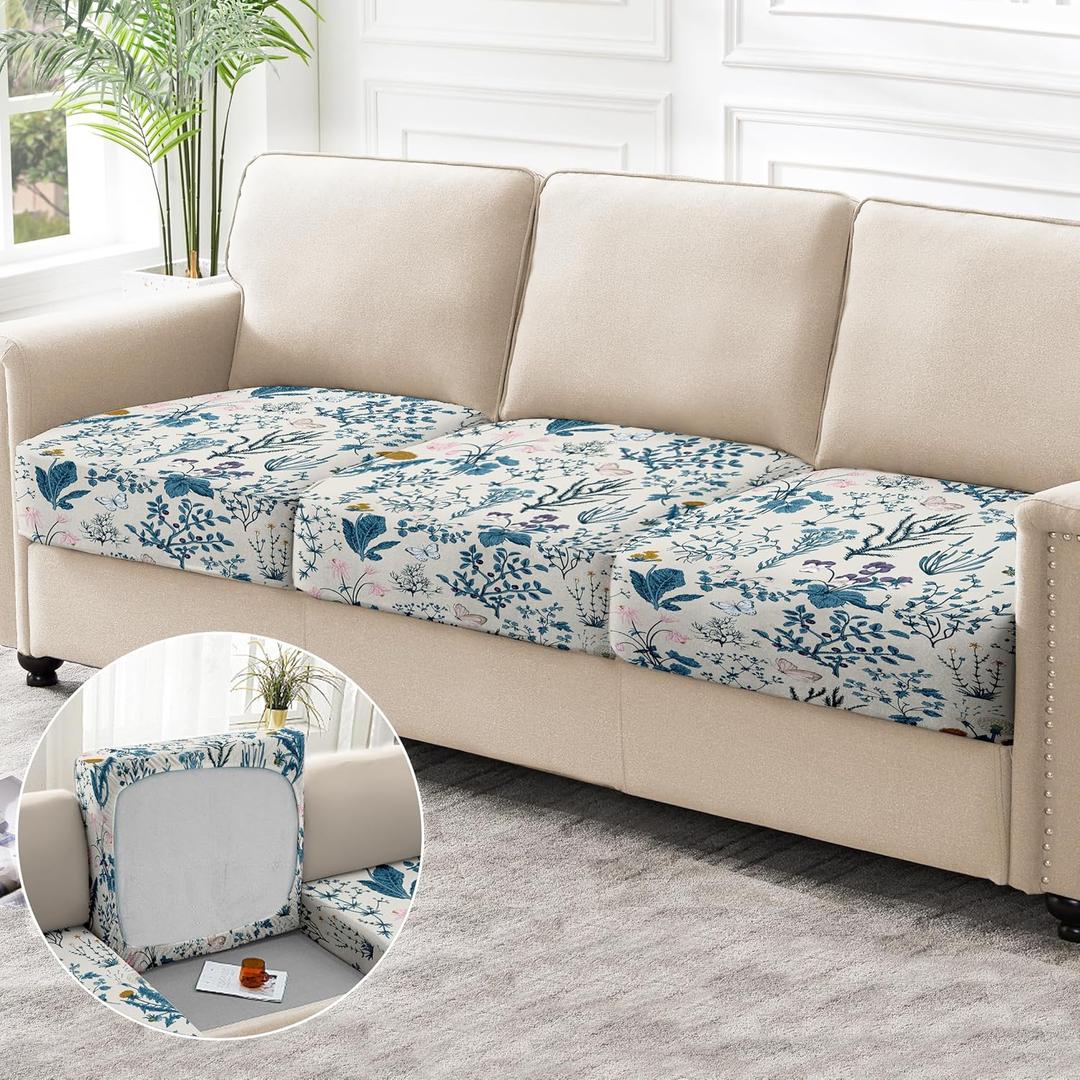 3PCS Printed Couch Cushion Covers,Washable Spring Flower Printing Elastic Sofa Cover,Indoor Outdoor Sofa Slipcovers-Blue Vintage Flower