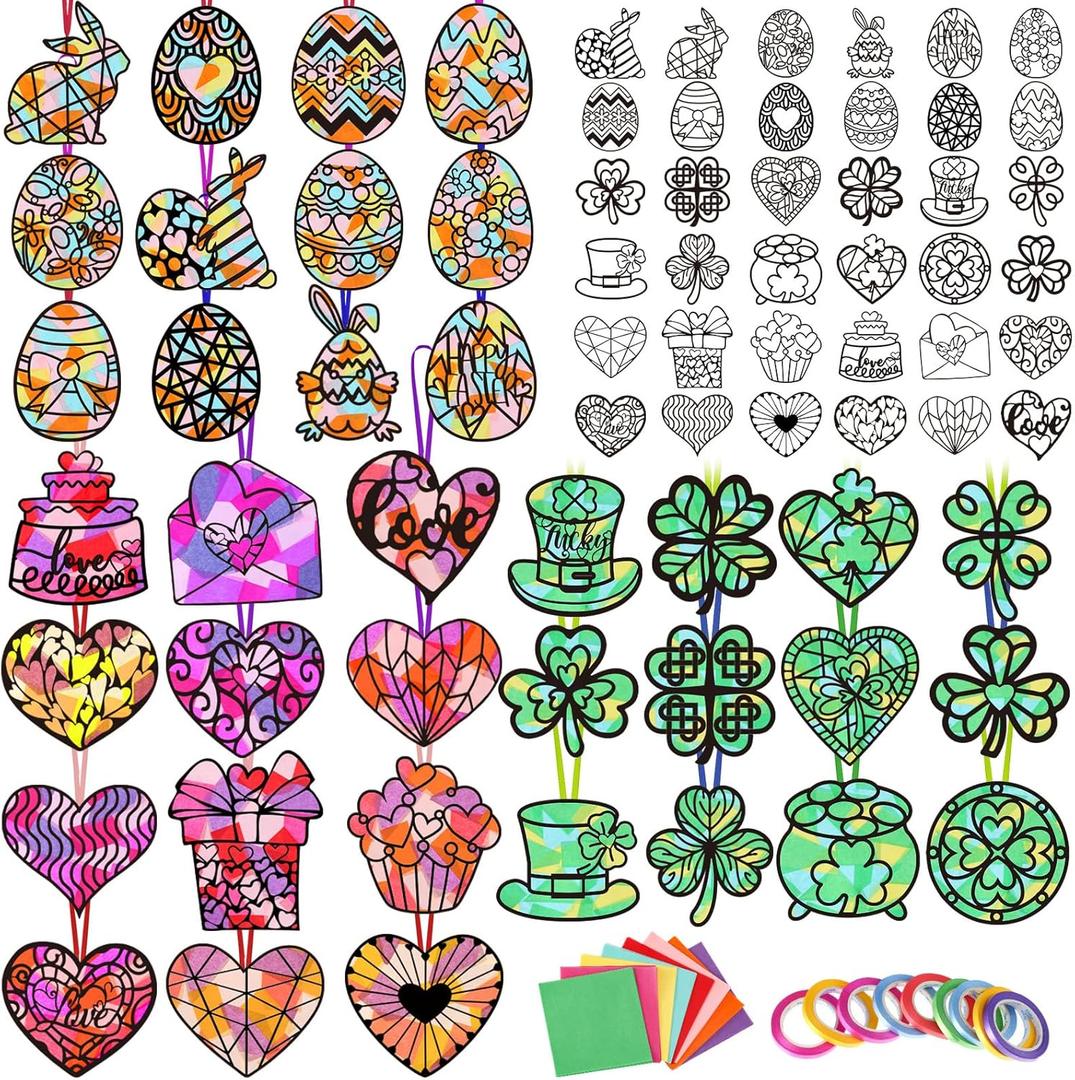 Newtay 72 Pcs Valentines Day Suncatchers Paper Crafts DIY Heart Shaped Window Stained Glass Effect Paper Kits St. Patricks Day Easter Crafts for Home Decor Valentine Art Supplies
