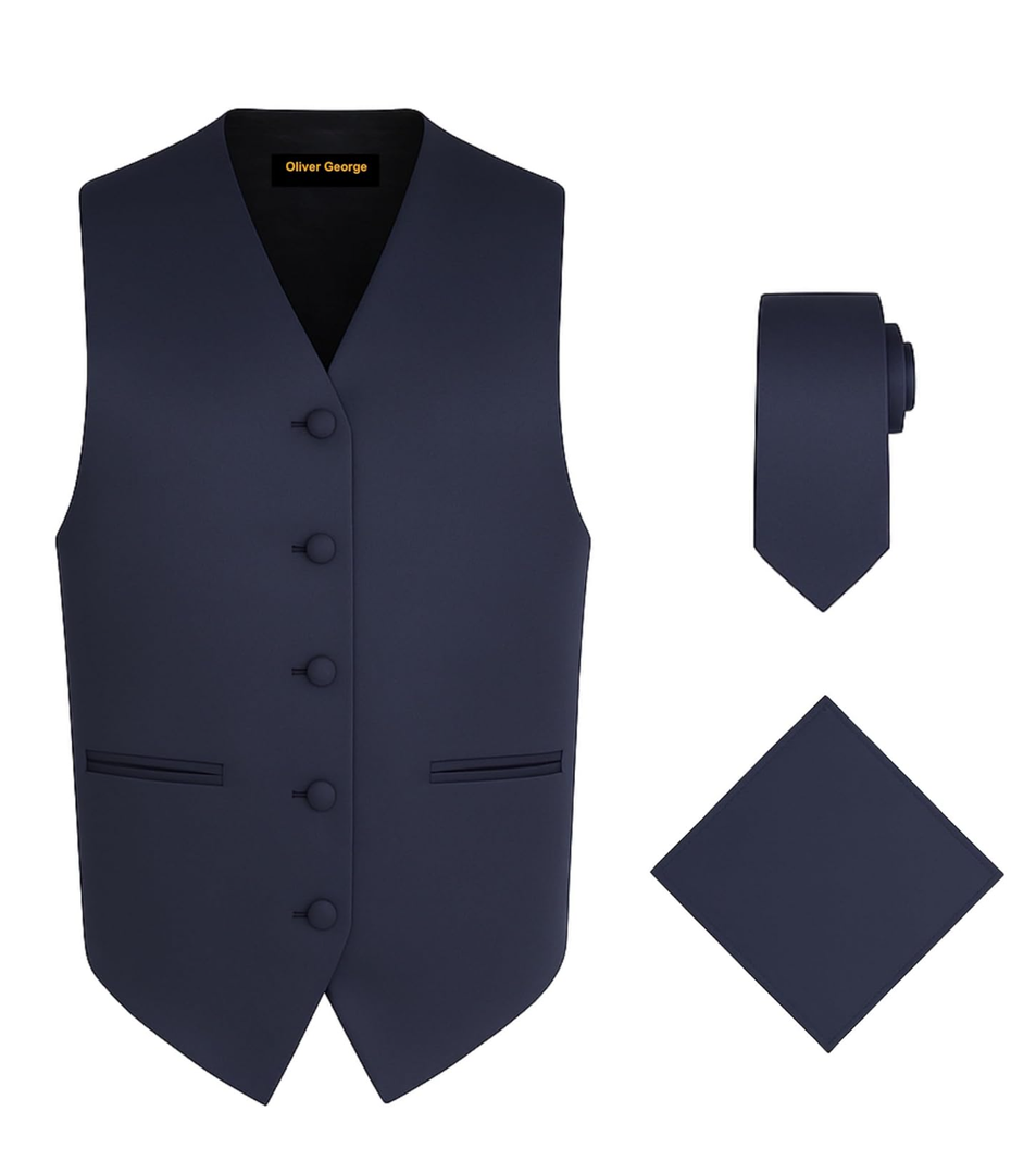 Oliver George 3pc Men's Solid Formal Waistcoat Tuxedo Dress Vest Necktie Handkerchief Set For Suit or Tuxedo, XXL
