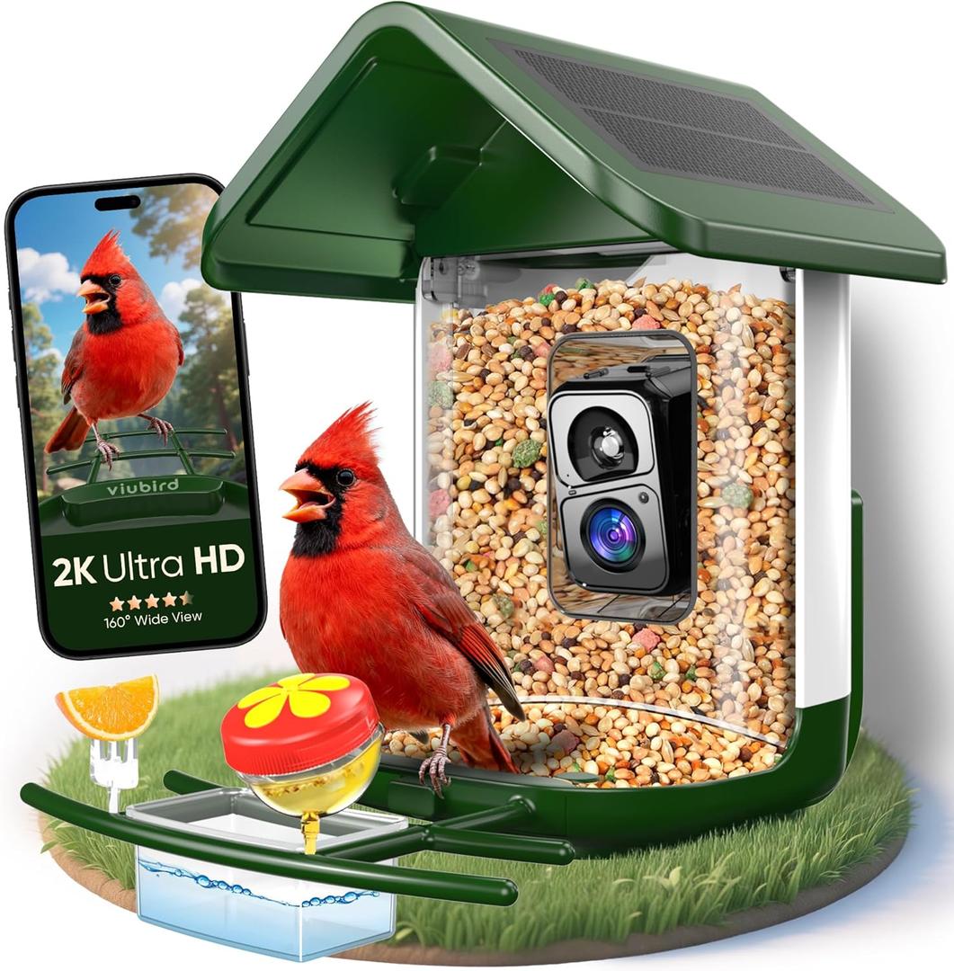 Bird Feeder with Camera Solar Powered - Smart Bird Feeder Camera 2K HD Live Stream, 5MP Photos, AI Identification for Backyard, 2.4Lb Large Capacity, Gifts for Mom Dad, Green White
