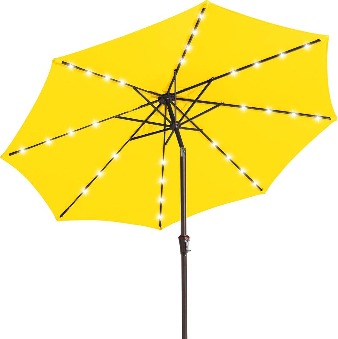 JEAREY 9FT Outdoor Patio Umbrella with Solar Lights, LED Lighted Pool Umbrella with Tilt and Crank, Outdoor Table Umbrellas for Deck, Yard & Market (Lemon)