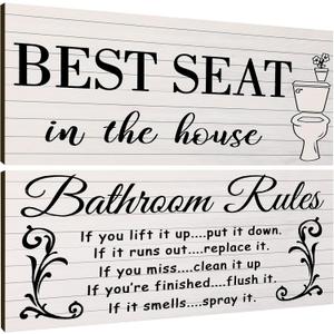 Jetec 2 Pieces Funny Bathroom Pictures Wall Sign Decor Farmhouse Bathroom Rule Wall Art Toilet Rustic Decoration Best Seat Wooden Sign(Simple Style)