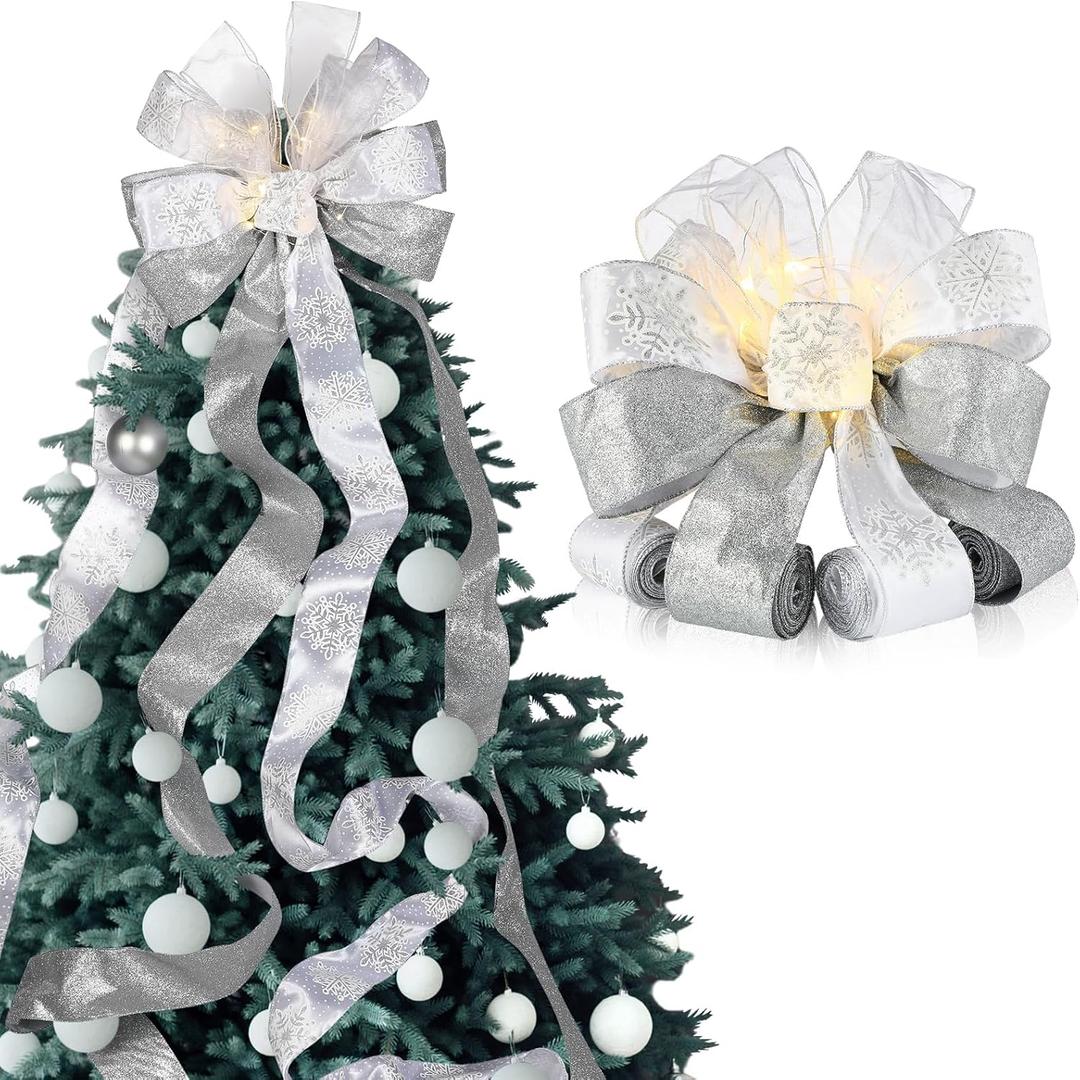 Large Christmas Tree Topper Bow 12.6 X 118 inch Lighted up Christmas Bow with 4 X 3 Yards Ribbon Streamers for Xmas Christmas Tree Decor(White Silver)