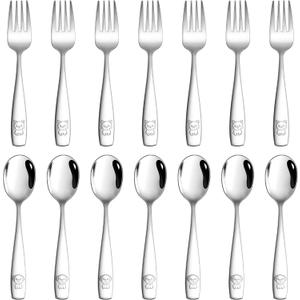 LIANYU Kids Silverware Set, 14 Pieces Stainless Steel Toddler Utensil Set with Small 7 Forks and 7 Spoons, Children Safe Flatware Cutlery for Self-Feeding, Food Grade & Cute Pattern, Dishwasher Safe
