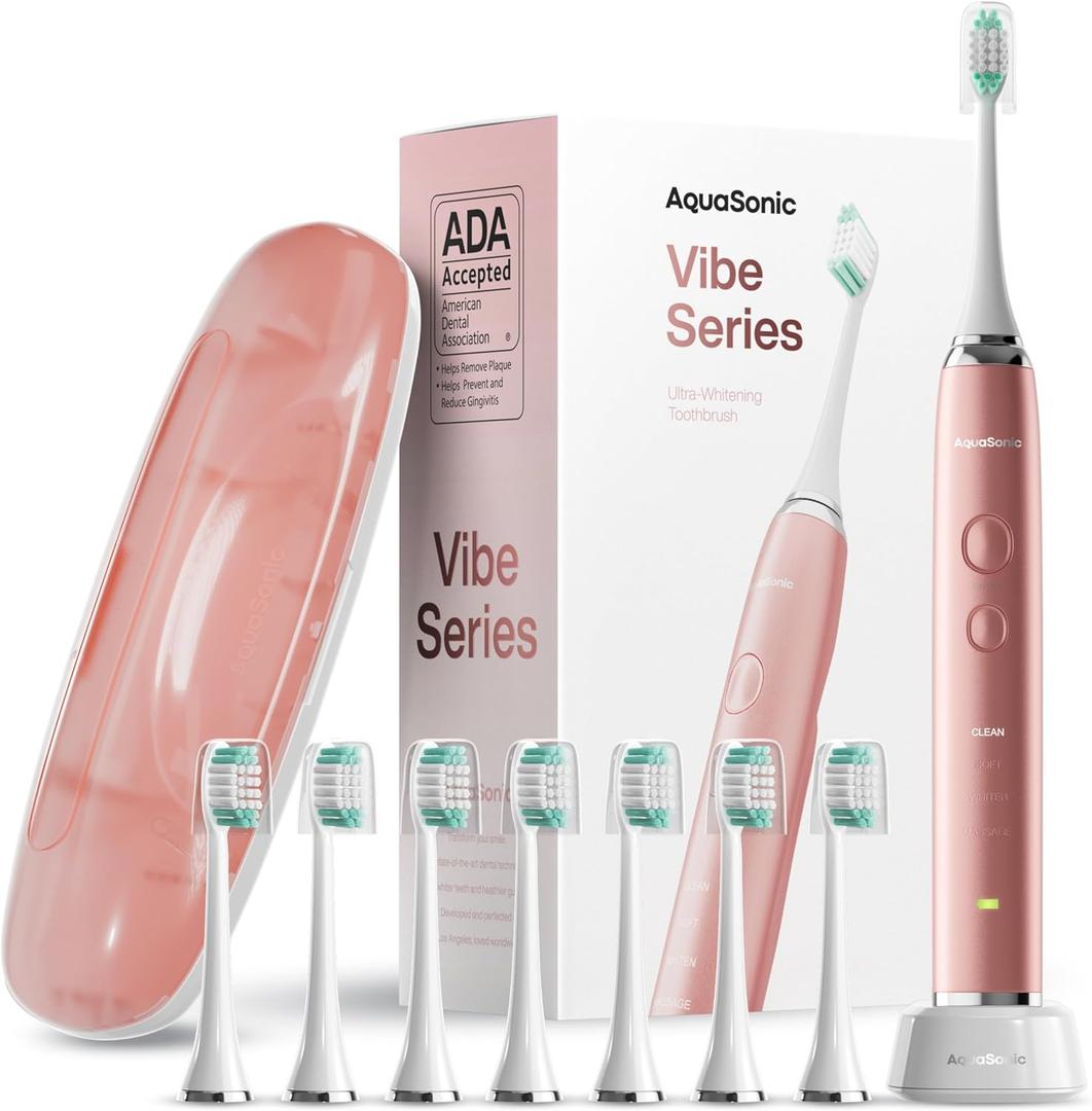 Aquasonic Vibe Series UltraWhitening Toothbrush – ADA Accepted Electric Toothbrush  8 Brush Heads & Travel Case – 40,000 VPM Motor & Wireless Charging  4 Modes w Smart Timer – Satin Rose Gold