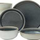 Gibson Elite Sunveil 16 Piece (Service for 4) Plates and Bowls Reactive Glaze Round Dishes Stoneware Ceramic Dinnerware Set -Blue