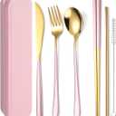 6 Pieces 18/8 Stainless Steel Flatware Set Portable Reusable Cutlery Set Travel Utensils Set Including Chopsticks Knife Fork Spoon Straws Cleaning Brush Dishwasher Safe (Pink golden)