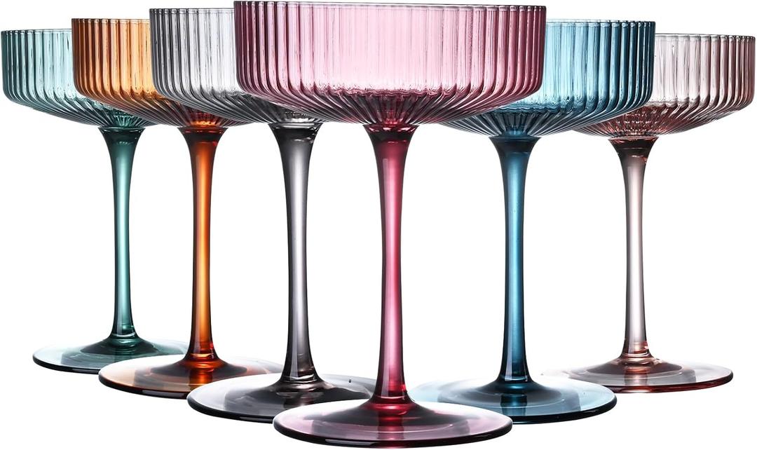 Art Deco Colored Vintage Coupe Glasses, Ribbed Crystal Handmade Martini, Cocktail & Champagne Glasses, Perfect for Dessert, Manhattan, Cosmopolitan, Gimlet, Pisco Sour - 7Oz