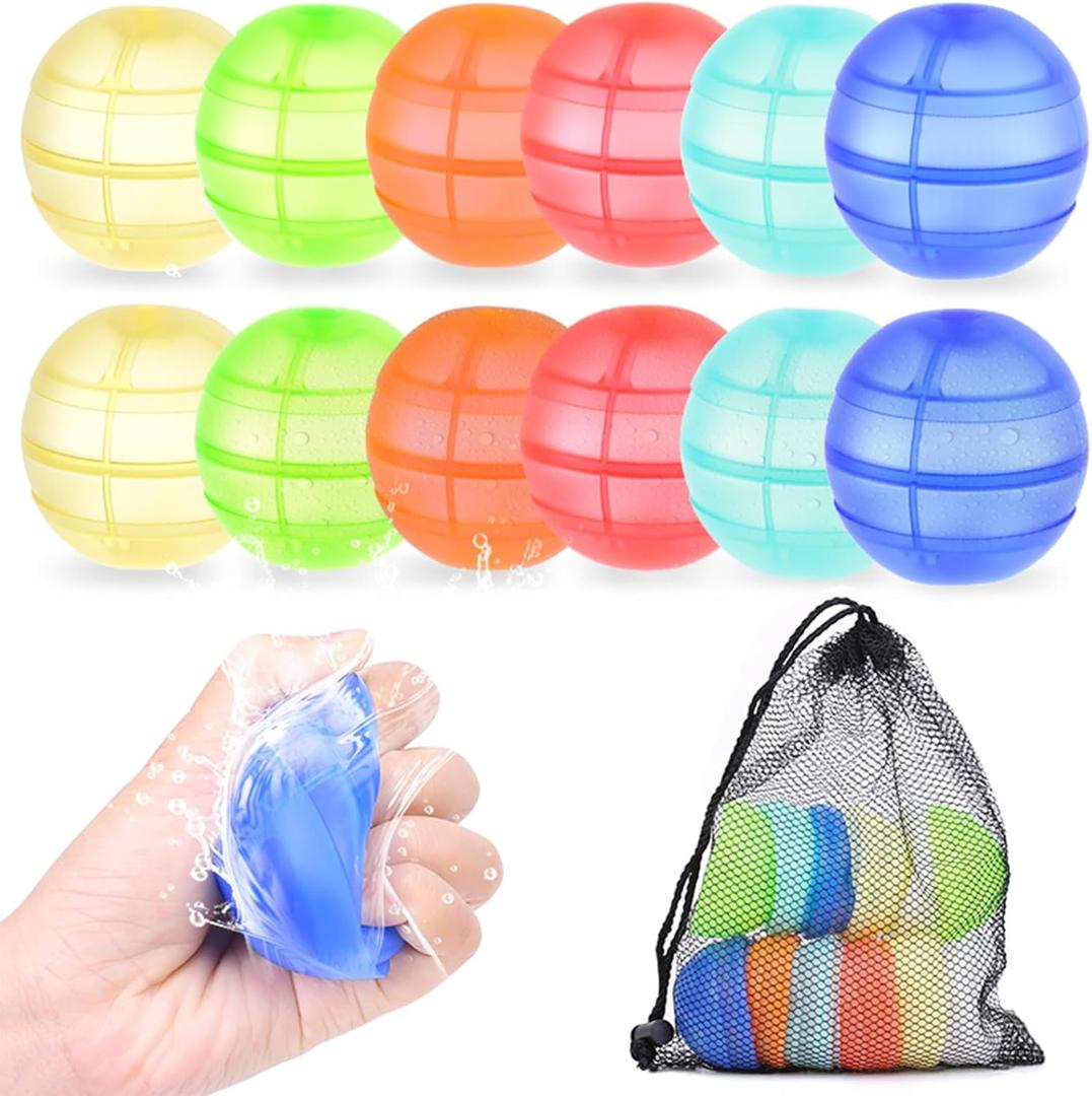 12PCS Reusable Water Balloons Set - 6 Colors Silicone Refillable Splash Balls for Kids Outdoor Summer Activities, Pool Beach Water Games, Fast Self-Sealing Water Bomb Toys