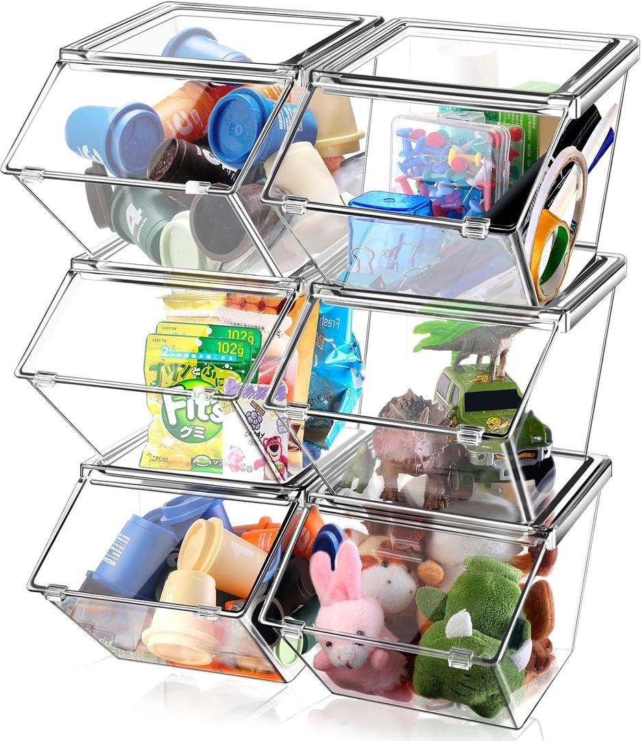 Yerliker 6 Pcs Clear Plastic Storage Bins with Lids Large Stackable Pantry Storage Organizer Bins Kitchen Organization Cabinet Organizers Ideal Containers for Fridge, Kitchen, Cabinets (Clear)
