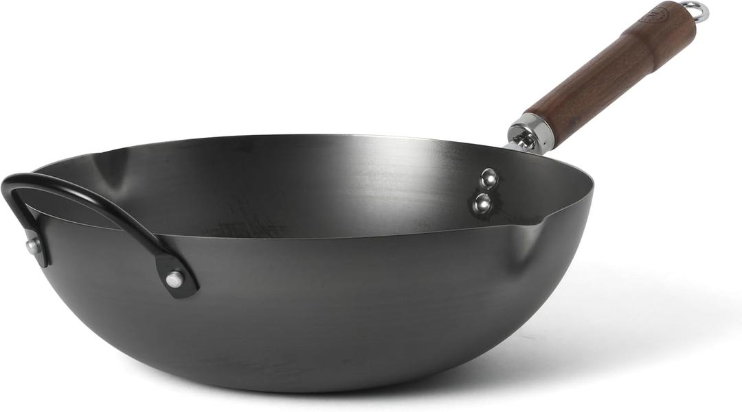 Martha Stewart Chisholm 13.5-Inch Carbon Steel Nonstick Wok, PFAS-Free Wok Pan & Flat Bottom Stir Fry Pan with Long Walnut Wood Handle & Helper Handle, Black