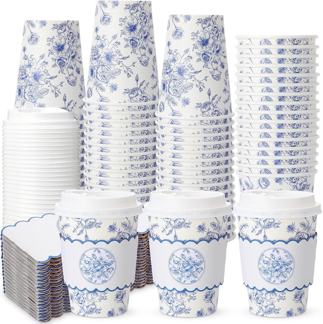 Qinyoung 48 Set Blue Floral Paper Coffee Cups with Lids and Sleeves 12 oz Vintage Flower Disposable Drinking Cups Bulk for Birthday Wedding Bridal Shower Tea Party Supplies
