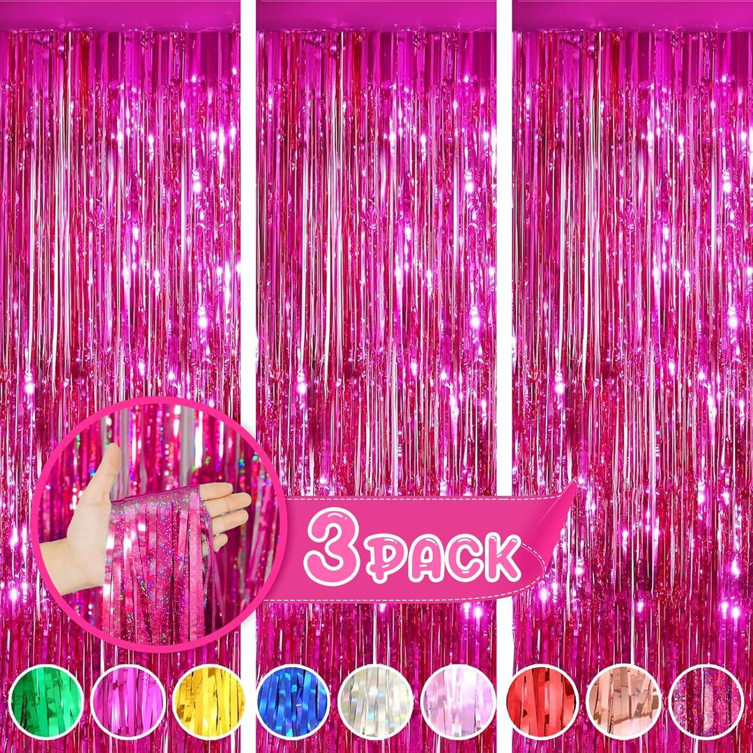 3Pack Fuchsia Foil Fringe Curtain Backdrop-3 Pack 3.3ft x 8.3ft Streamers for Birthday, Bachelorette, Wedding, Anniversary Christmas, New Year, Thanksgiving Parties