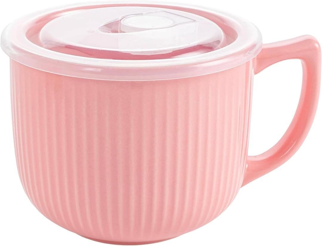 Ceramic Soup Bowl with Handle 32oz Microwave Ramen Bowl with Lid, Soup Mugs & Cups for Cereal, Oatmeal, Ramen, Instant Noodle, Soup Container with Lid (Pink)
