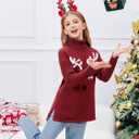 Haloumoning Girls Christmas Sweater Kids Oversized Turtleneck Cute Reindeer Sweaters with Side Slit (Red)