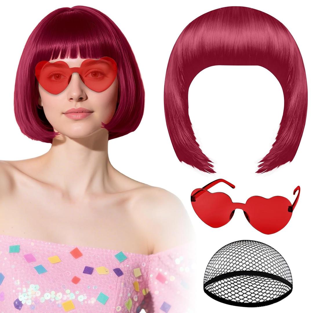 PLULON Burgundy Bob Wig with Heart Sunglasses and Hair Cap for Women, Short Bob Wigs Synthetic Colored Funny Cosplay Hairpieces for Women Men Daily Bachelorette Halloween Costume Party Decorations
