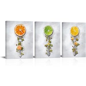 Visual Art Decor Dining Room Wall Art Orange Lemon Fruit Painting Dining Room Wall Decor, Framed Ready to Hang 12x16inchx3Pieces