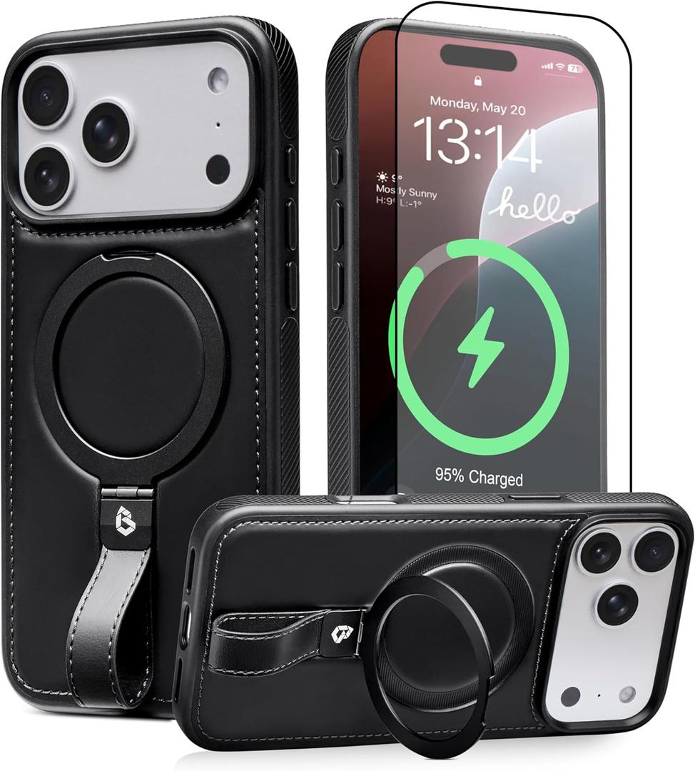 for iPhone 17 Pro Max Case Leather | iPhone 17 Pro Max Leather Case with Stand | Compatible with MagSafe with Magnetic Ring Grip Holder (Black, IP17 Pro Max-6.9inch)