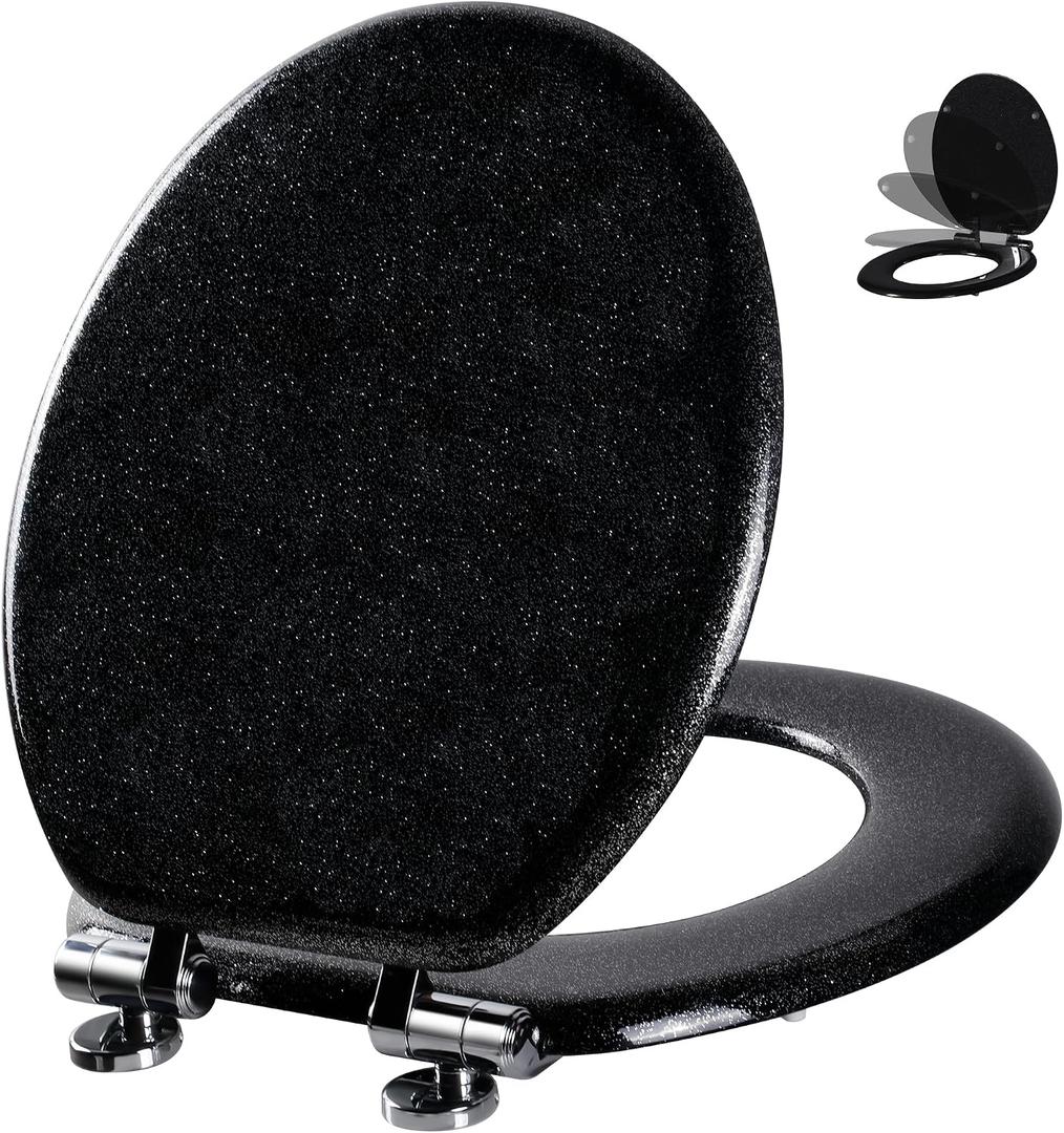 Angol Shiold Glitter Toilet Seat Molded Wood Round Toilet Seat with Quietly Close and Quick Release Hinges, Easy to Install also Easy to Clean (Round 16.5'', Black)