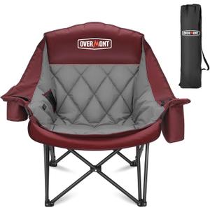Overmont Oversized Camping Chair for Adults - 400lbs Support Heavy Duty Padded Folding Chair with Cooling Bag Cup Holder Side Pocket Carry Bag - Comfortable Portable for Outdoor Garden Sports Beach (1pc, Red)