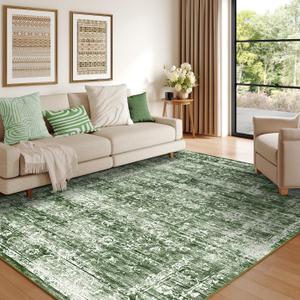9x12 Green Washable Area Rugs for Living Room, Neutral Boho Carpet