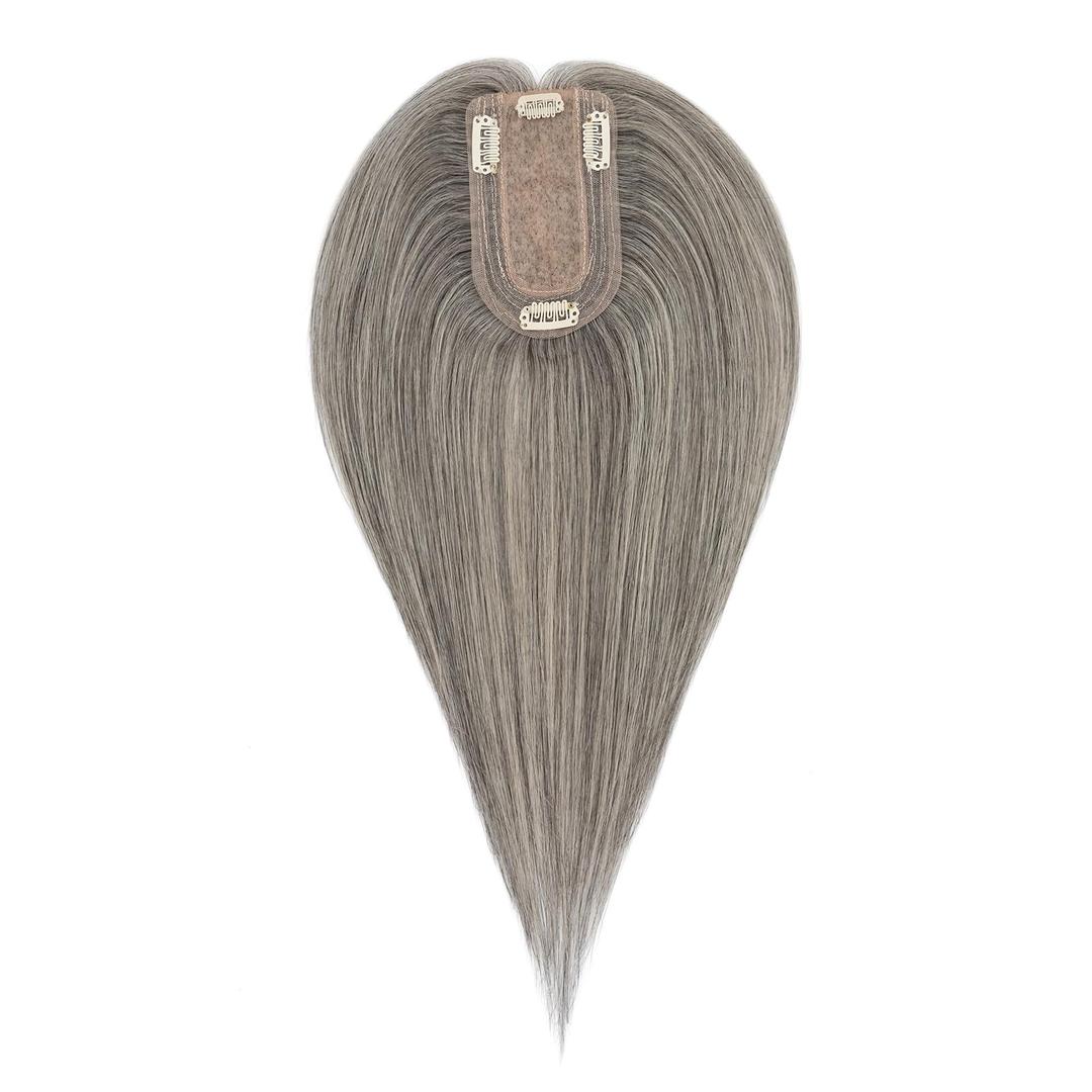 Elailite Hair Toppers for Women Real Human Hair Topper Thinning Thin 5.1"x2.8" Silk Base Clip in Remy Hairpieces 18 Inch White Blonde mix Grey
