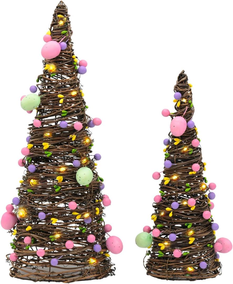 CRCZK 2PACK Easter Rattan Table Tree Decor Lighted Easter Decorations Table Centerpieces Decor Artificial Tree with Led Lights,Eggs&Berries Spring Decorations for Home (Pink Green)
