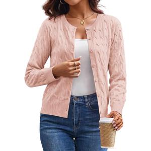 GRACE KARIN Womens Long Sleeve Button Up Cable Knit Cardigan Lightweight 2026 Crewneck Button Down Sweaters for Women (Pink, XXL)