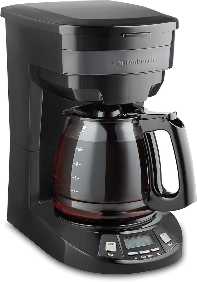 Hamilton Beach 12 Cup Programmable Drip Coffee Maker Machine, Regular & Bold Brew Options, Auto Pause and Pour, Glass Carafe, Black Stainless (46293J)